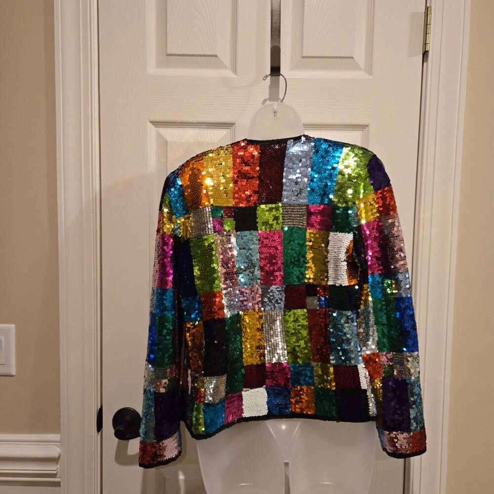 Vintage Adrienne Vittadini Rainbow Sequin Glitter Patchwork Jacket Small - Picture 2 of 15